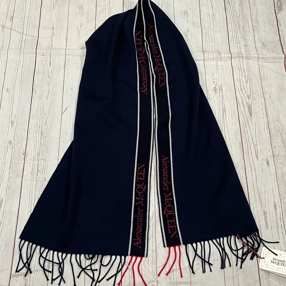 Alexander Mcqueen Navy Blue Selvedge Fringe Wool/Cashmere Unisex Scarf NWT $420